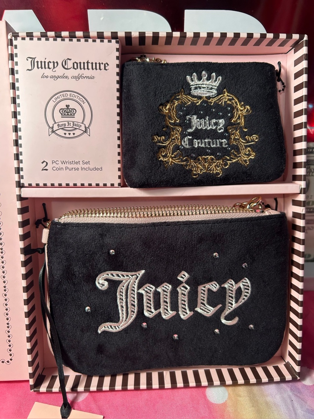 Juicy Couture Black Velvet Wristlet & Coin Purse Gift Set